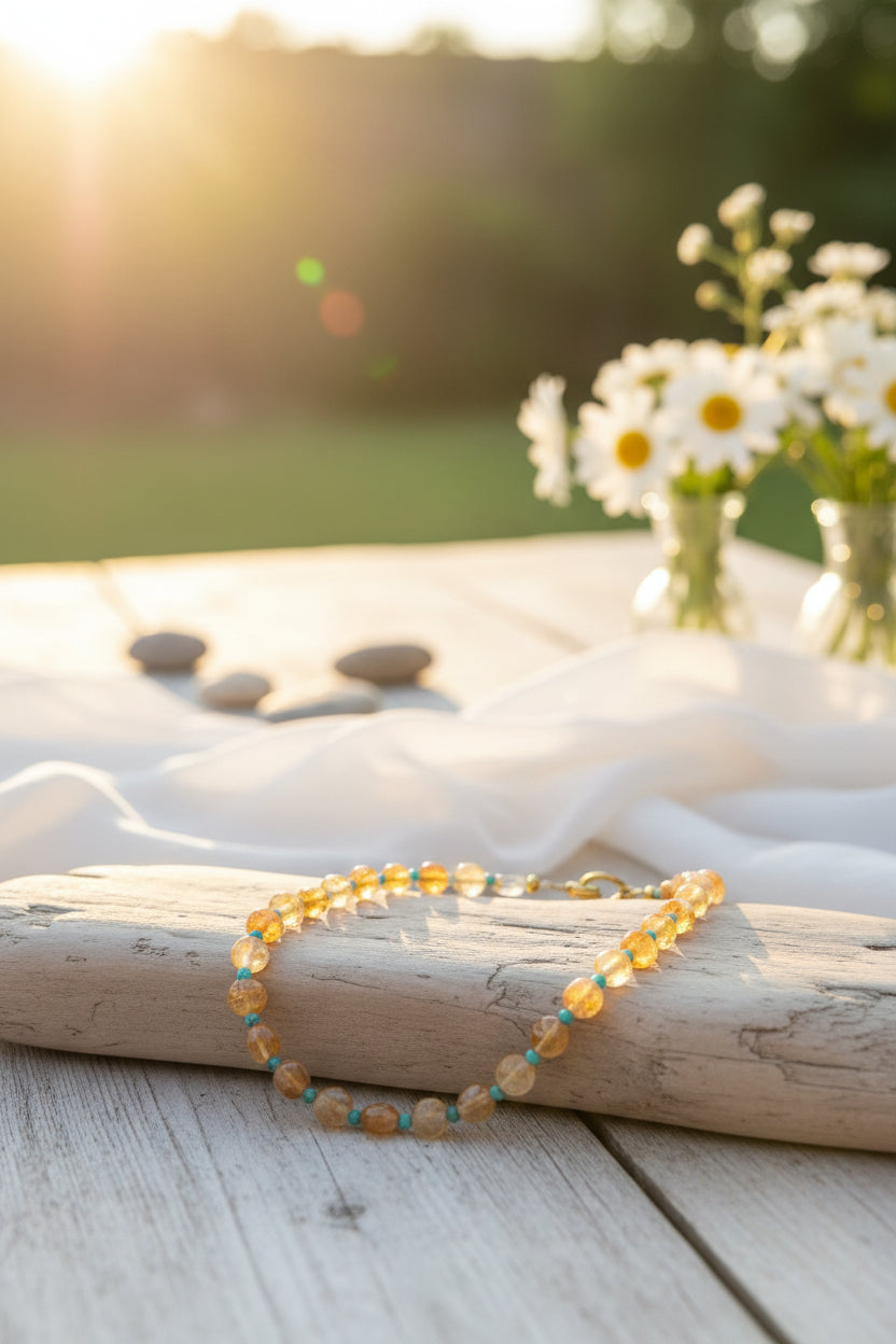 Infuse your style with radiant, sun-kissed energy with this meticulously handcrafted genuine gemstone statement necklace.