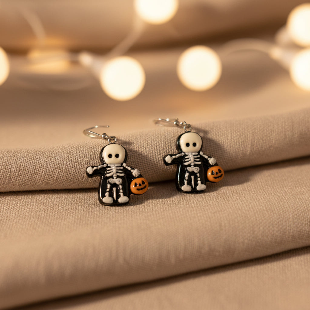 Halloween Skeleton Trick-or-Treat Earrings - Stainless Steel Spooky Charm Jewelry