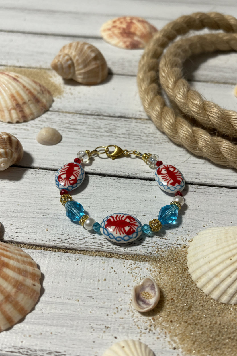 🦞  The New England Lobster 7.5" Bracelet – Artisan Glass Beads with 18K Gold Plated Stainless Steel Hardware