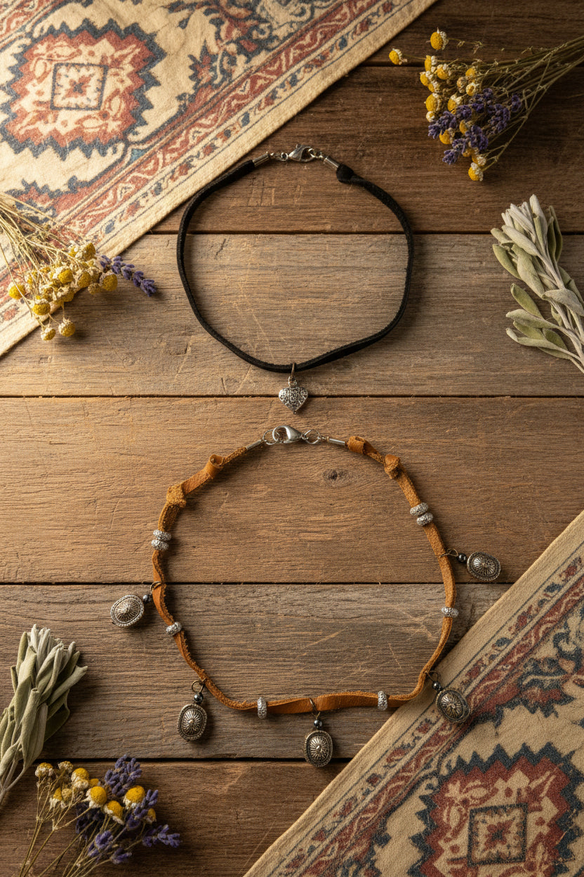 Add a touch of rustic, western flair to your jewelry collection with this beautifully handcrafted 2-Piece Leather Choker Necklace Set, built with durable, hypoallergenic stainless steel findings and spacers.