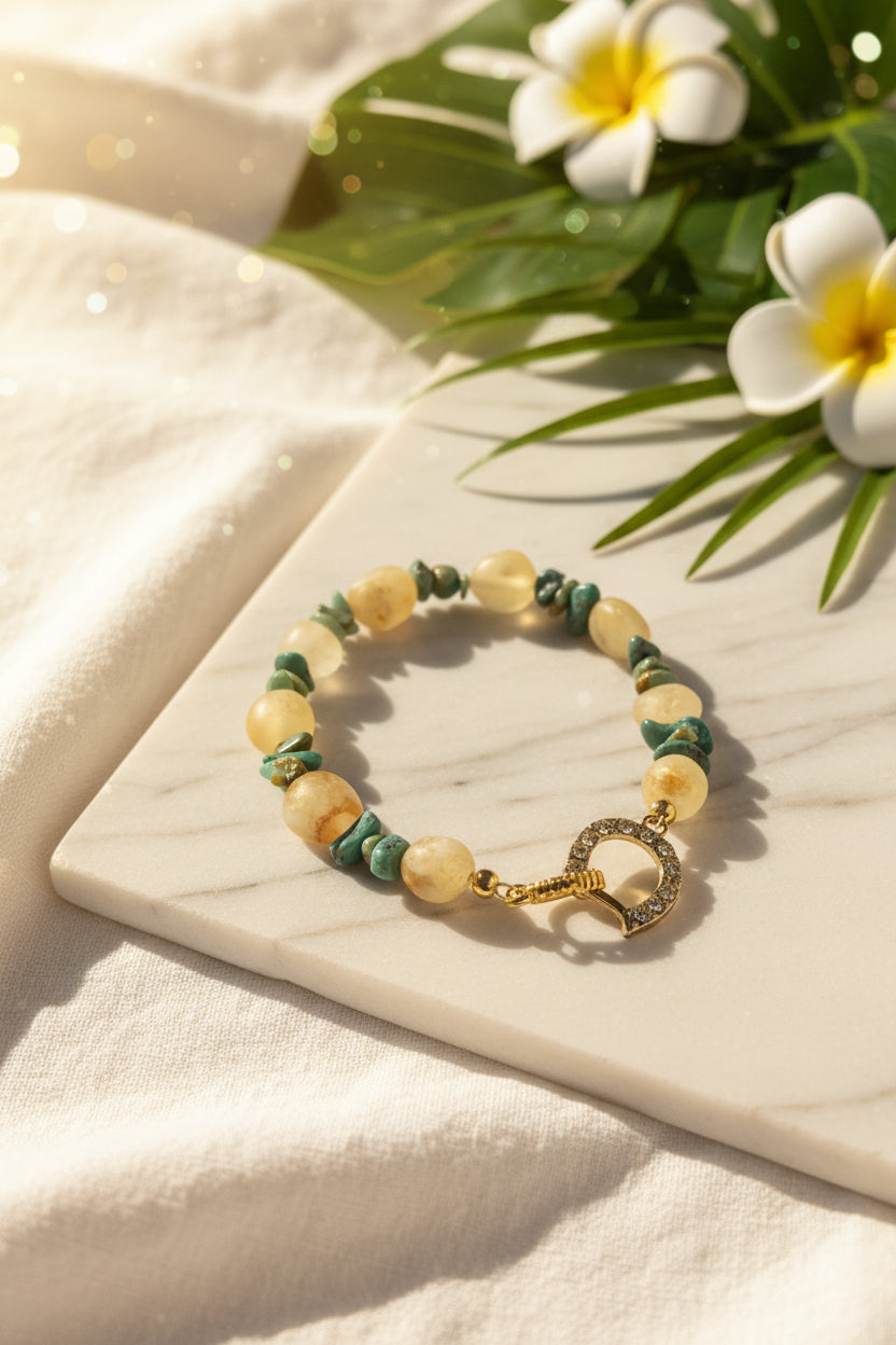 Handcrafted Citrine & Genuine Turquoise Anklet – 18K Gold Plated 9"