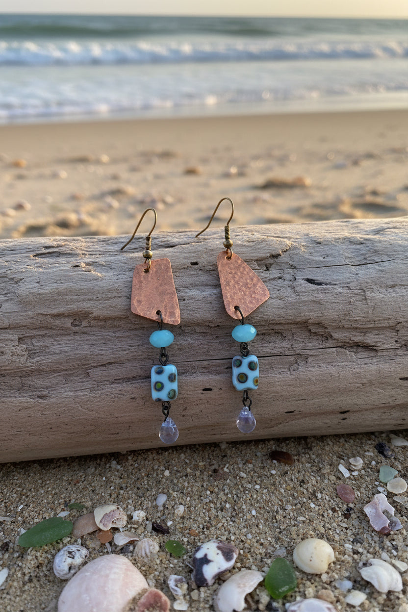 Handcrafted Hammered Copper & Blue Czech Glass Asymmetrical Statement Earrings