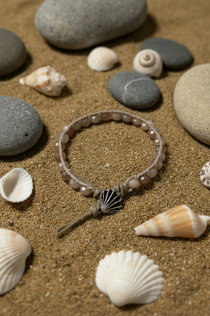 Handmade Black Sunstone & Leather Ladder Stitch Bracelet with Shell Clasp