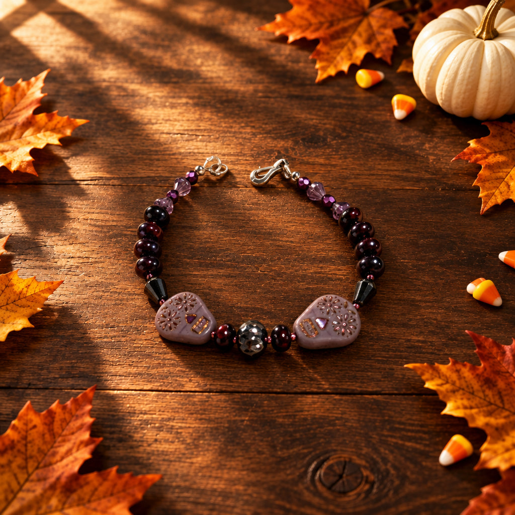 Handmade Purple & Black Dyed Jade Halloween Bracelet - Czech Glass Beads & Skulls