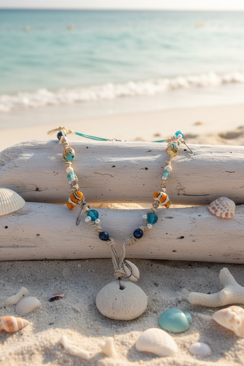 The Mariner's Reef Necklace – 22" Handmade Hemp with Polished Fish Hooks, Genuine Sapphire, & Mexican Coral Pendant