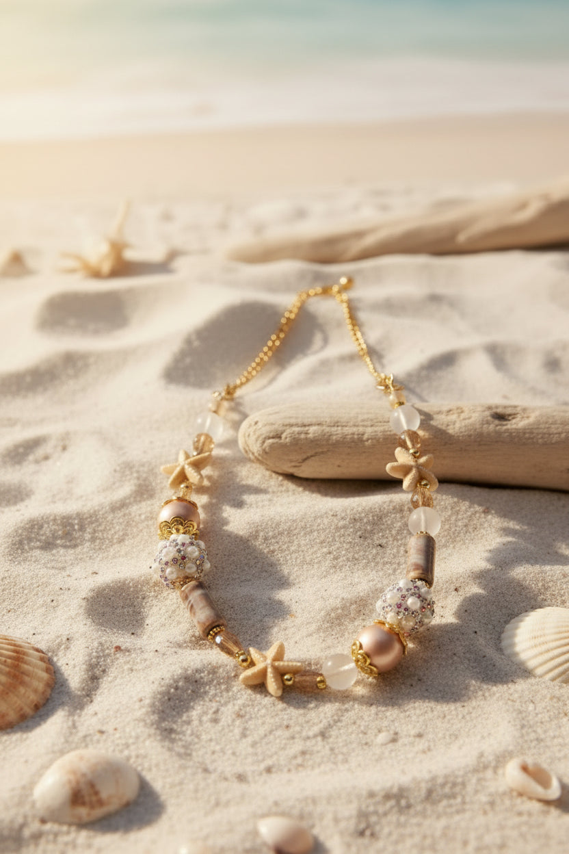 21-Inch Handmade Starfish Necklace – Ceramic & Glass Beads, 18K Gold Plated Stainless Steel