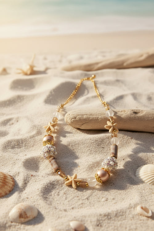 21-Inch Handmade Starfish Necklace – Ceramic & Glass Beads, 18K Gold Plated Stainless Steel