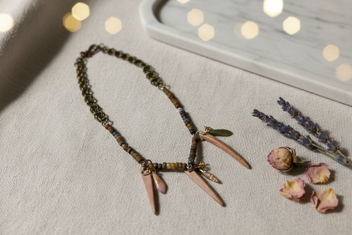 Earth Tide Designs Bohemian Coconut Stick & Czech Glass Dagger Necklace