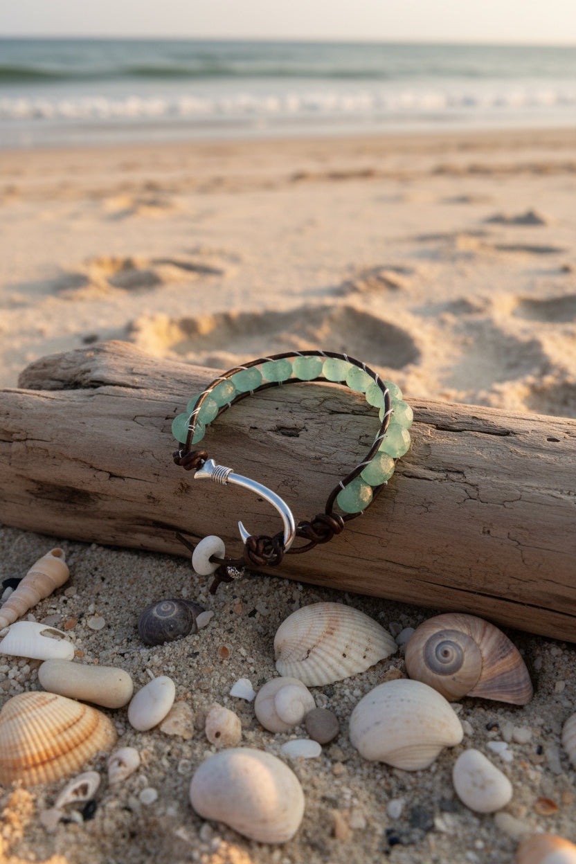 Handcrafted Leather Fish Hook Bracelet with African Ghana  Recycled Sea Glass – 8.5"