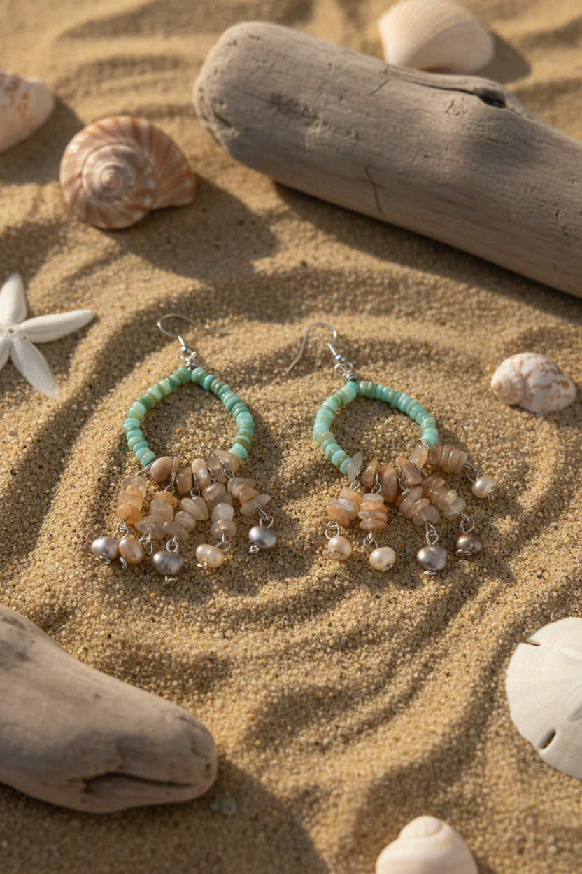 Handcrafted Coastal Shell & Freshwater Pearl Chandelier Earrings