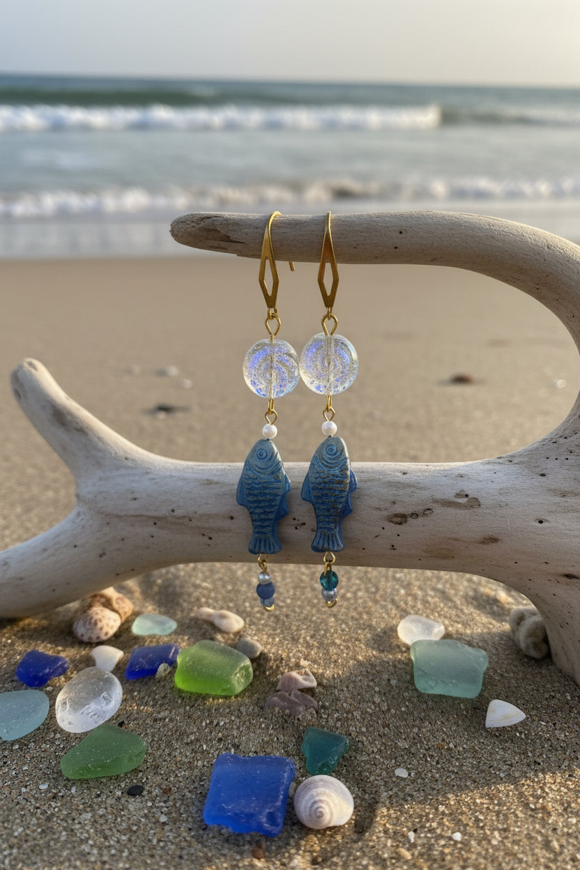18K Gold Plated Stainless Steel Blue Czech Glass Fish & Nautilus Shell Earrings