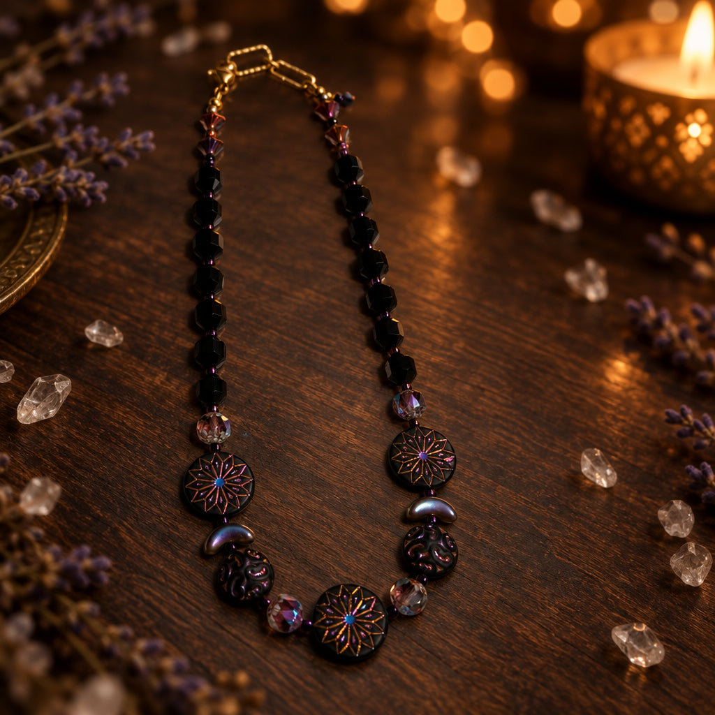 Handmade Black Onyx Energy Bead Necklace - Czech Glass Flowers & 18k Gold