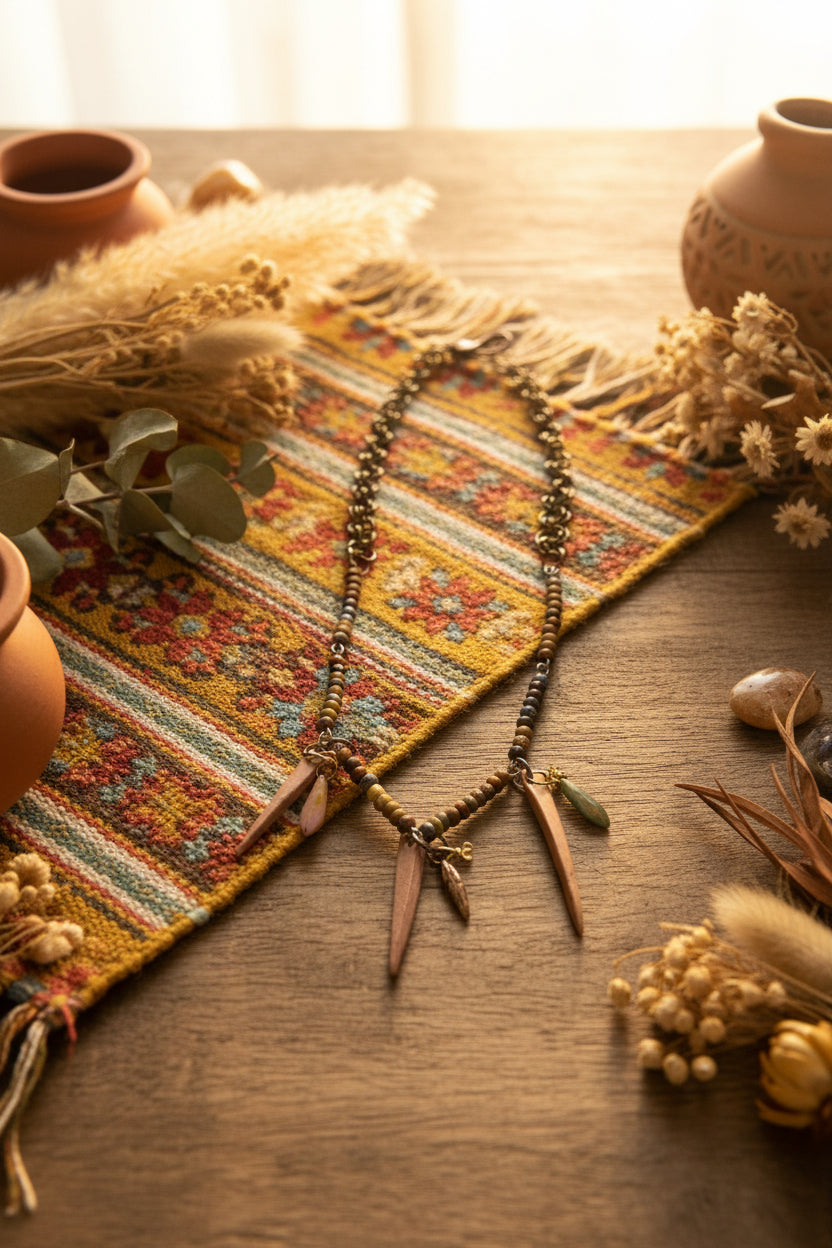 Earth Tide Designs Bohemian Coconut Stick & Czech Glass Dagger Necklace