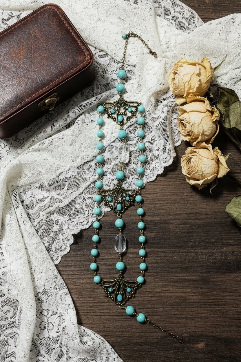 Vintage-Style 15.5" Art Deco Turquoise Lucite & Brass Filigree Choker Necklace