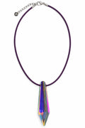Iridescent Aura Crystal Point Pendant Necklace on Purple Leather - 17" Choker with 2" Extender & Celestial Czech Glass Bead | Earth & Tide Designs