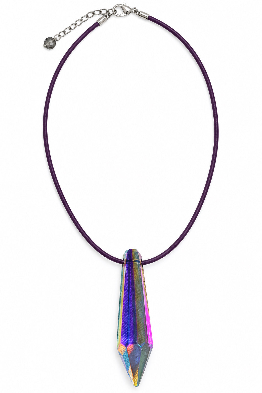 Iridescent Aura Crystal Point Pendant Necklace on Purple Leather - 17" Choker with 2" Extender & Celestial Czech Glass Bead | Earth & Tide Designs