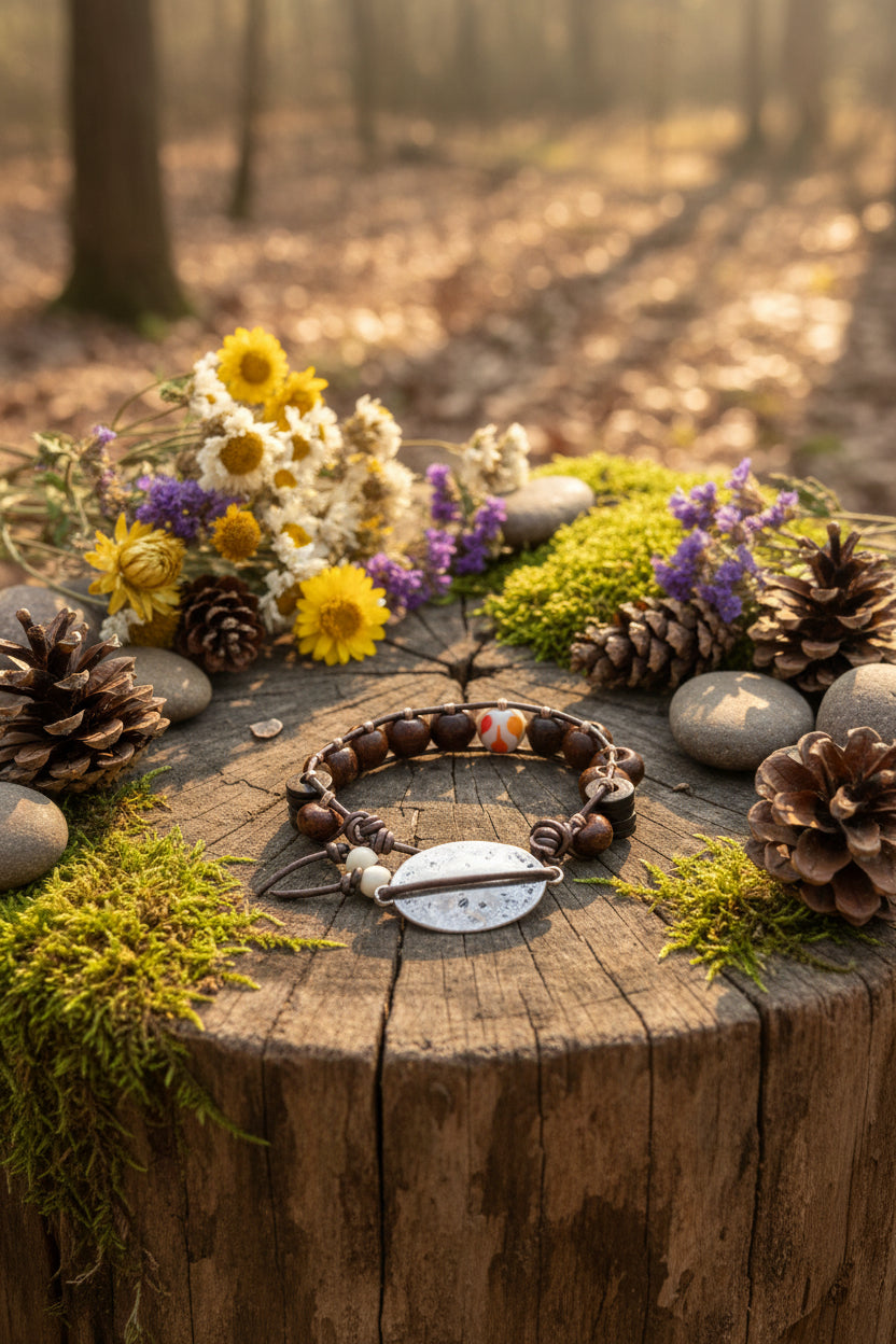 Brown Wood and Ceramic Accent 9.5" Anklet/Bracelet with Silver-Plated Statement Clasp