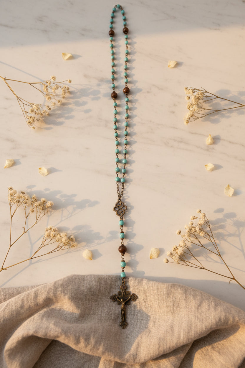 The Driftwood Rosary Necklace – Genuine Turquoise, Copper & Wood Beads (21")