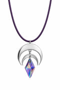 Celestial Eclipse Purple Leather Necklace - Stainless Steel Crescent Moons & Aura Crystal Pendant