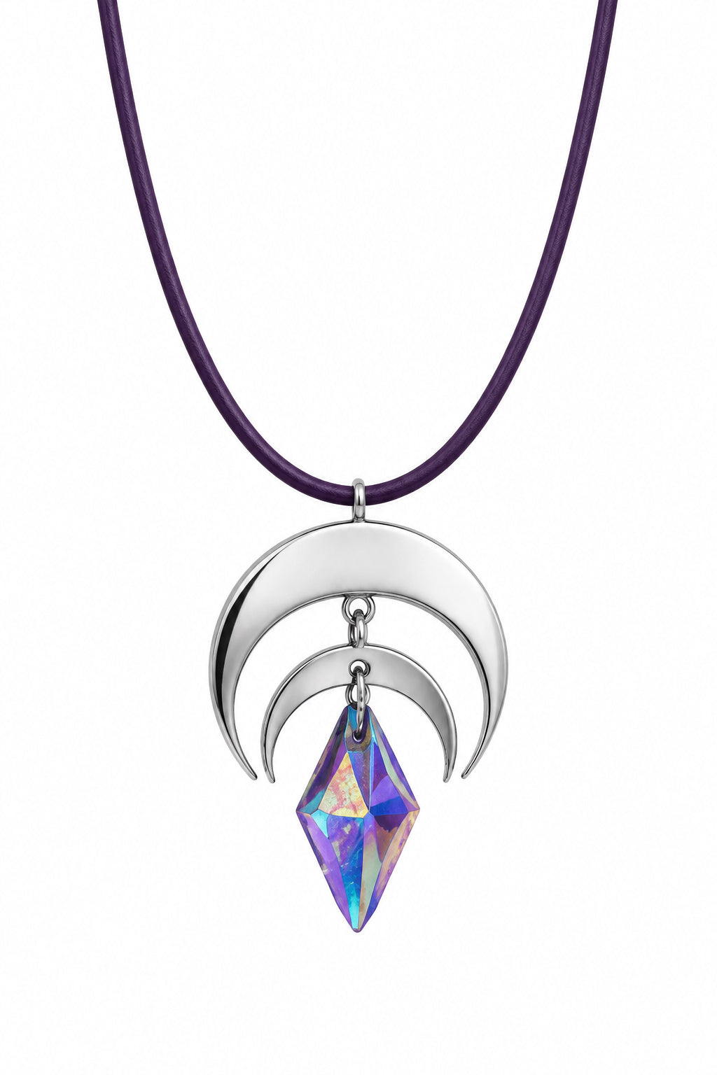 Celestial Eclipse Purple Leather Necklace - Stainless Steel Crescent Moons & Aura Crystal Pendant