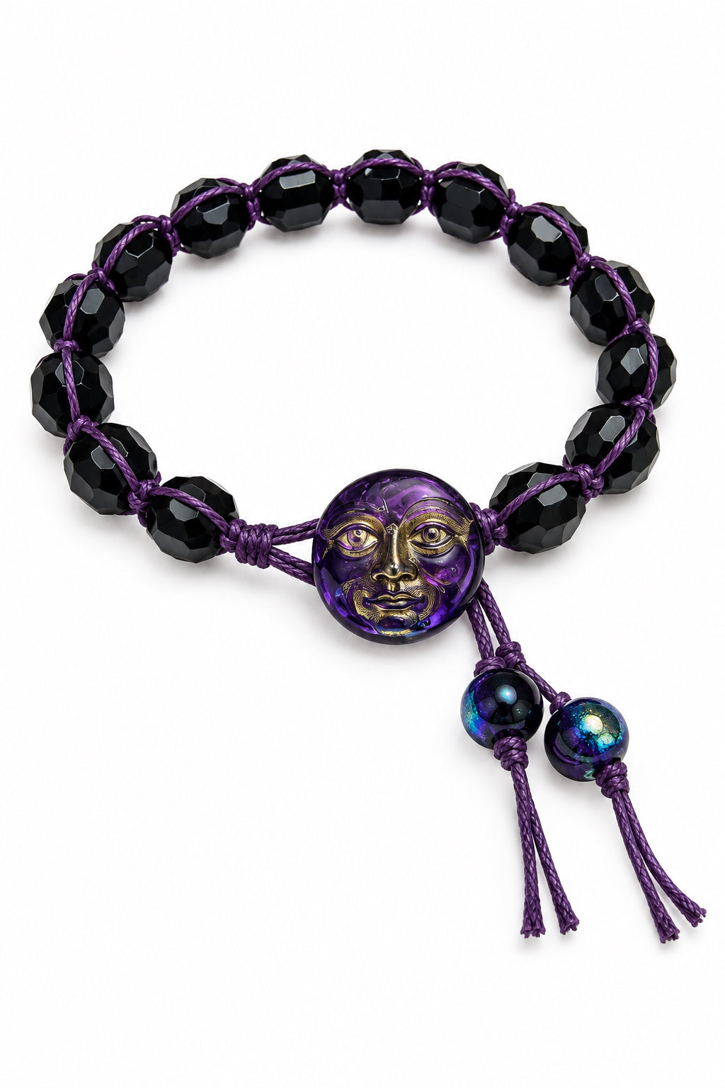 Genuine Onyx Beaded Bracelet on Purple Hemp - Celestial Purple & Gold Czech Glass Moon Button Closure | Earth & Tide Designs
