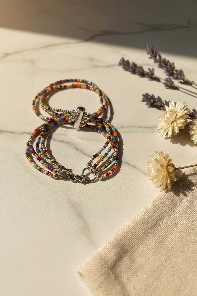 Handcrafted Seed Bead Multi-Strand Bracelet Set with Stainless Steel Closures