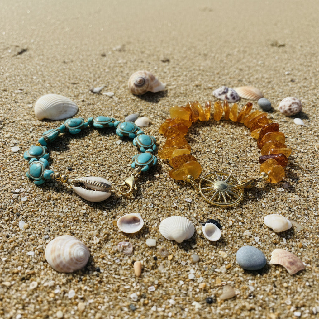 The Sun & Turtle Stacking Bracelet Set - Genuine Amber and Turquoise Howlite Turtles Stack with 18K Gold over Stainless Steel