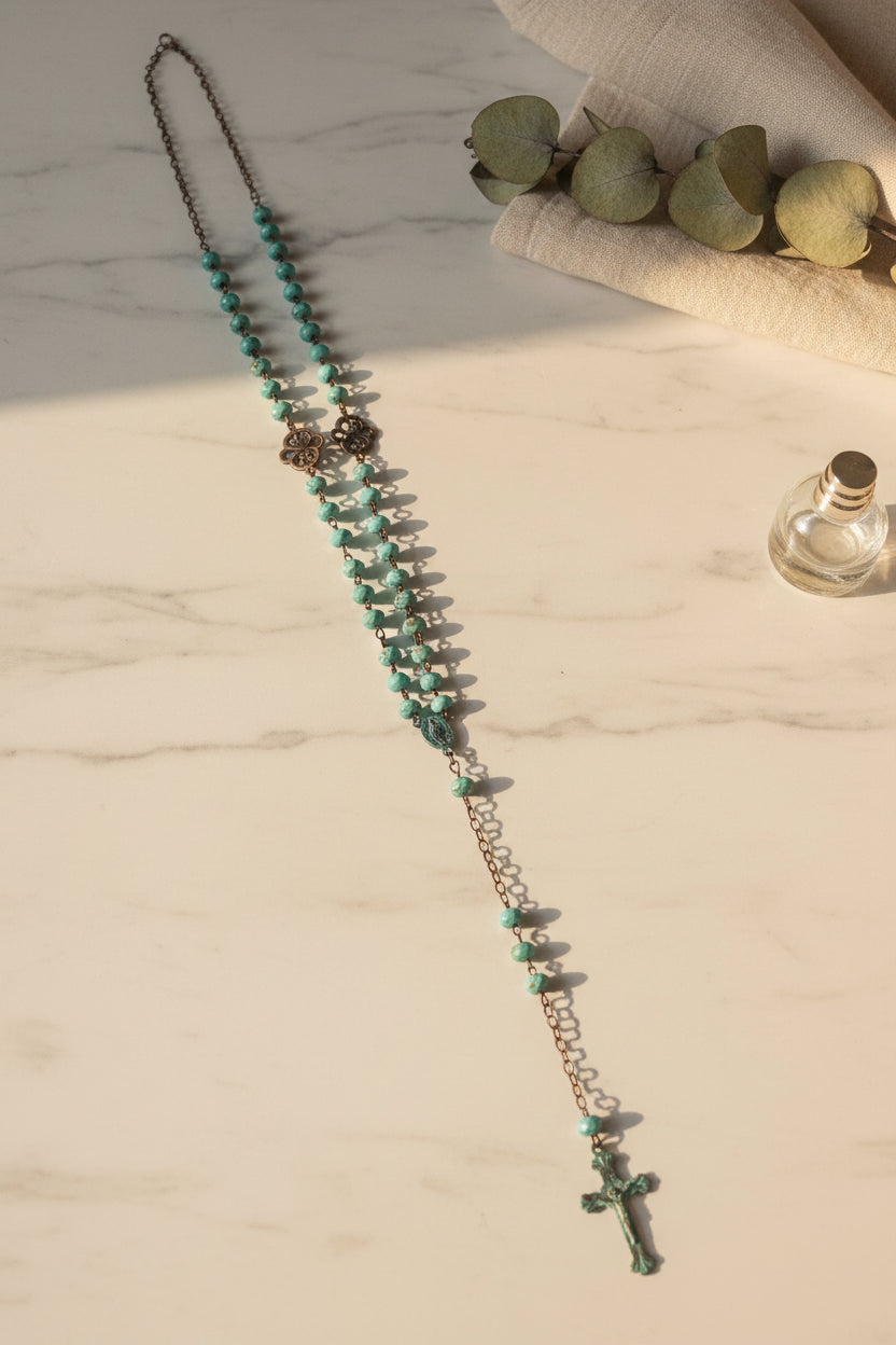 The Shoreline Rosary – Patina Copper & Turquoise Stone (22 Inches)