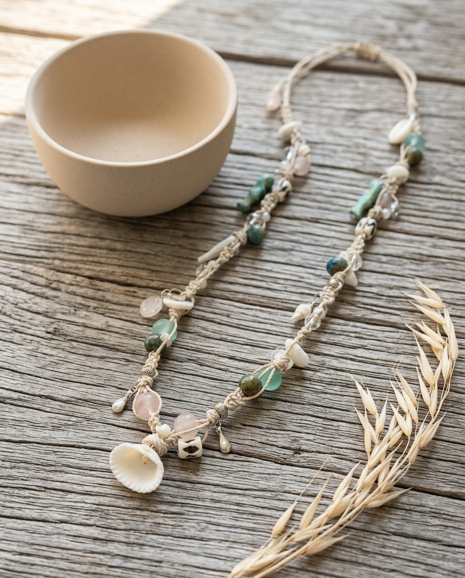 Macrame Beaded Necklace — Coastal Lifestyle Still Life | Generated by Modelize