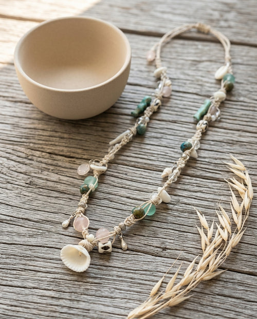 Macrame Beaded Necklace — Coastal Lifestyle Still Life | Generated by Modelize