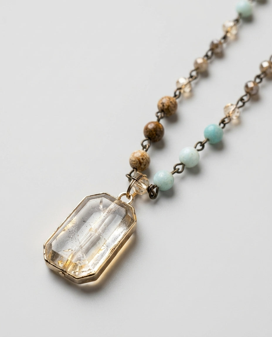 Handcrafted gemstone rosary necklace — Pendant Detail Macro | Generated by Modelize
